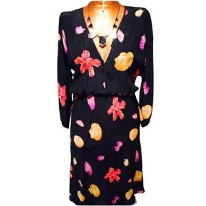 Vintage Silk Floral Black Midi Dress